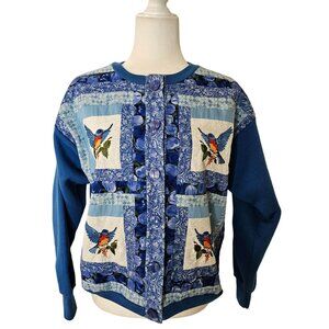 Vintage Size Large Cardigan Embroidered Bluebird Patchwork Sweatshirt Grannycore